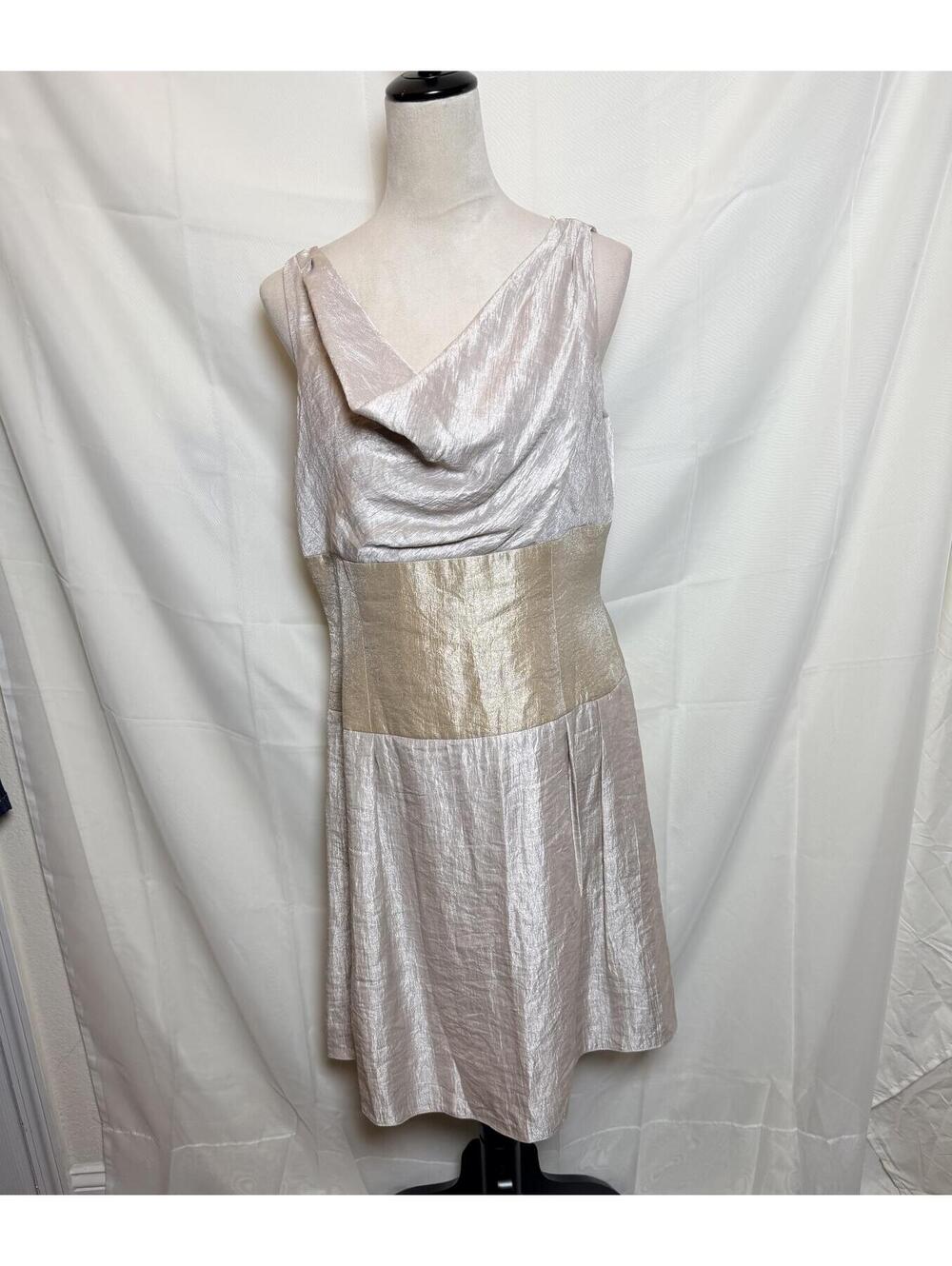 Adrianna Papell Metallic Silver Champagne Fit-and-Flare Cocktail Dress Y2K